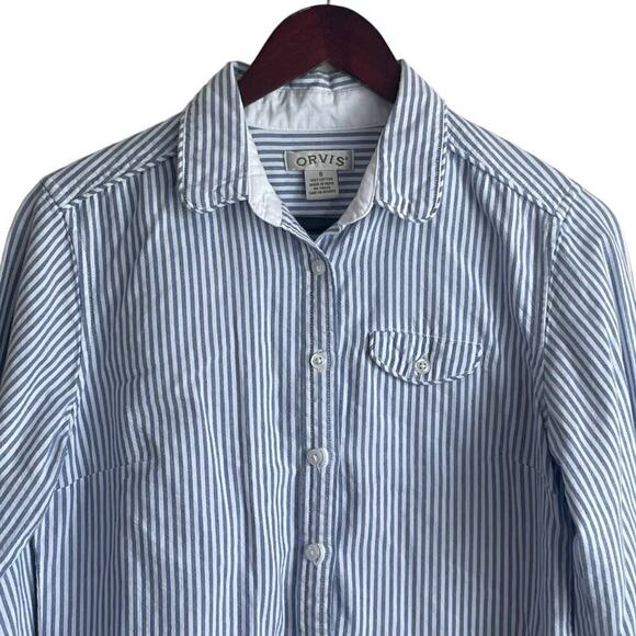 Orvis Women Top 6 Blue‎ White Stripe Cotton Long Sleeve Button Up Preppy Coastal - Picture 9 of 10